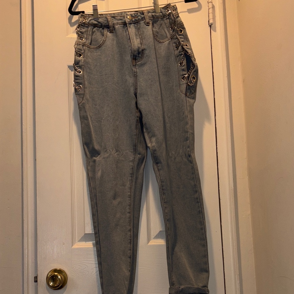 High-Waist Eyelet Detail Women’s Jeans - Light Gray